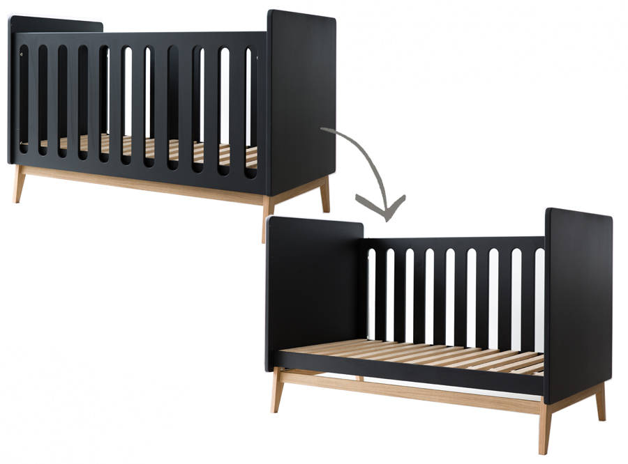 Bed Pericles, Pure Black, Pure Black 70x140 omvb, babybed omvormbaar tot bedbank