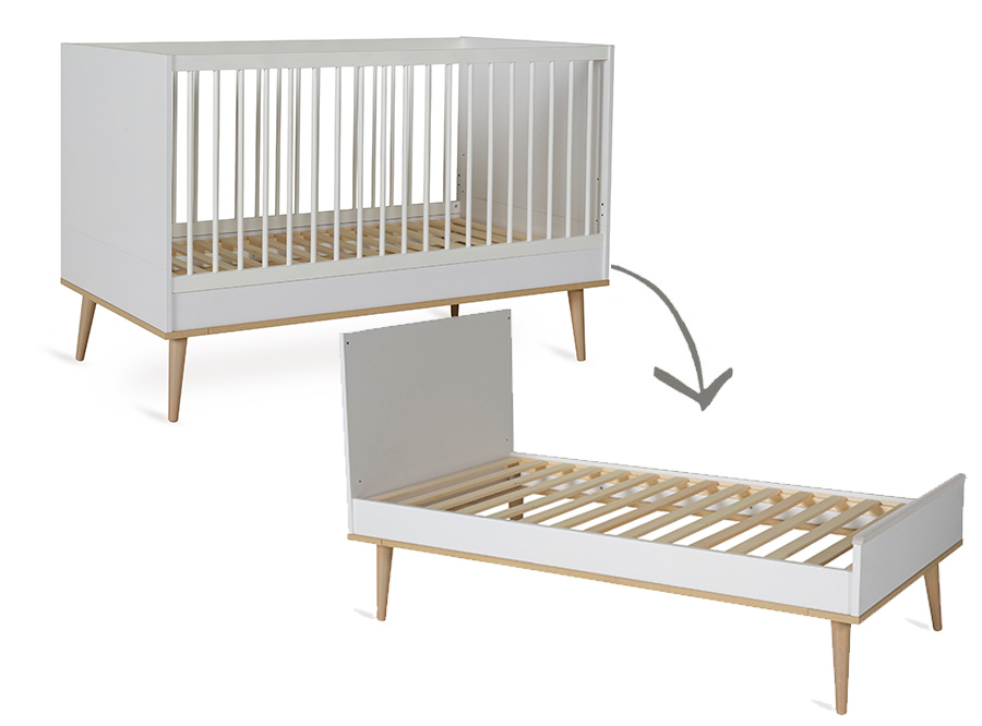 Bed Quax, Flow Natural Oak White, Flow Natural Oak White 70x140 omvb, babybed omvormbaar tot juniorbed