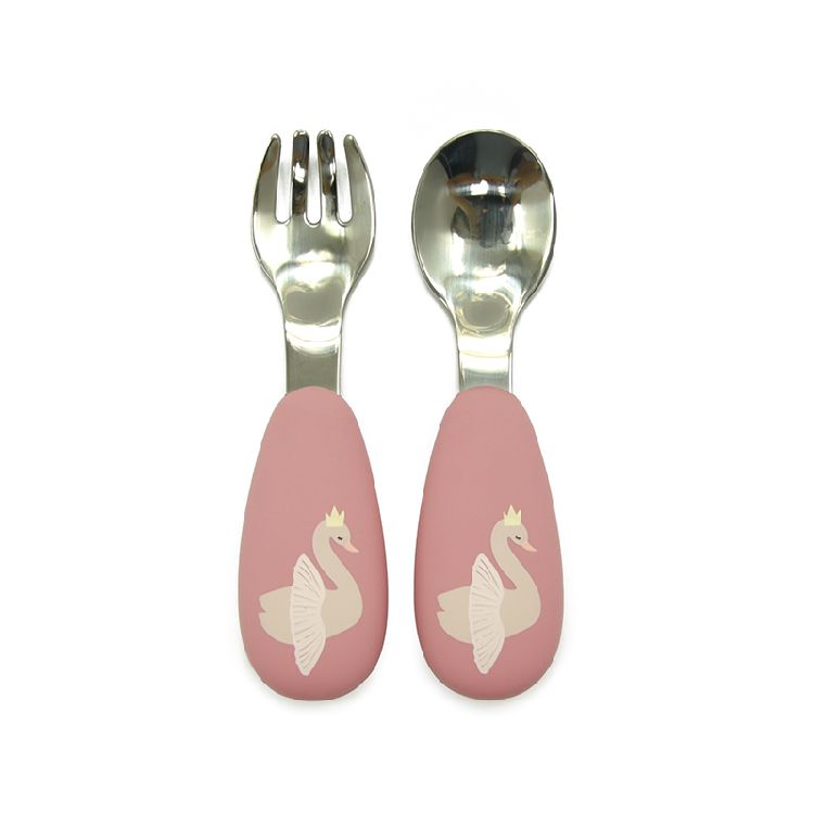 Bestek Tryco Stainless Spoon & Fork, lepel/vork | Silicone swan dusty roze