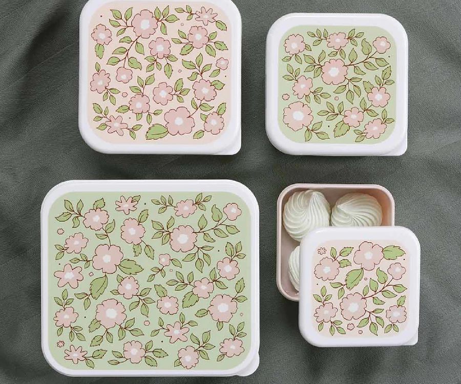 Snackdoos A Little Lovely Company Lunch & Snack Box, 4 stuk(s) | Blossoms sage/Blossoms pink