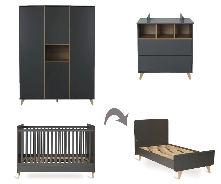 Kamer Loft Antracite grijs/bruin 4 delig: babybed/commode/commodeverdieper/kast