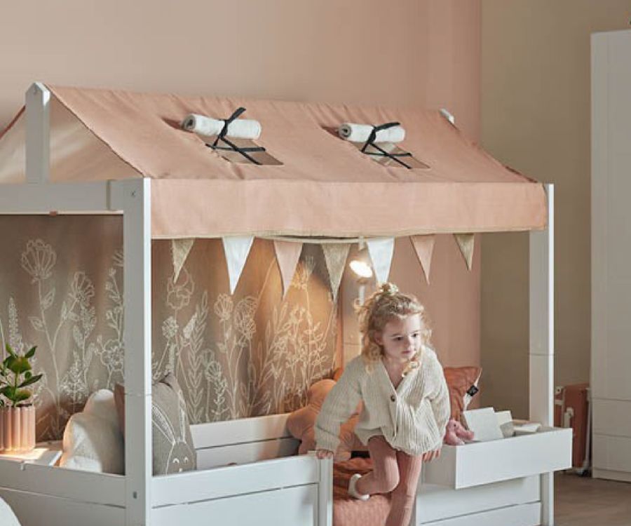 Textiel Montessori, Stoffen dak inclusief slinger, 4-in-1 bed met dakconstructie, happy rabbit voor Montessori eenpersoonsbed Lifetime Kidsrooms Kamer textiel